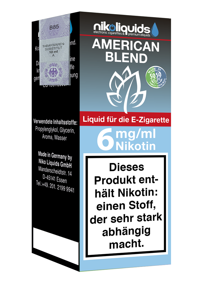 Niko Liquids E-Liquid American Blend 6 mg Nikotin 50 PG / 50 VG 10 ml (hellblau)