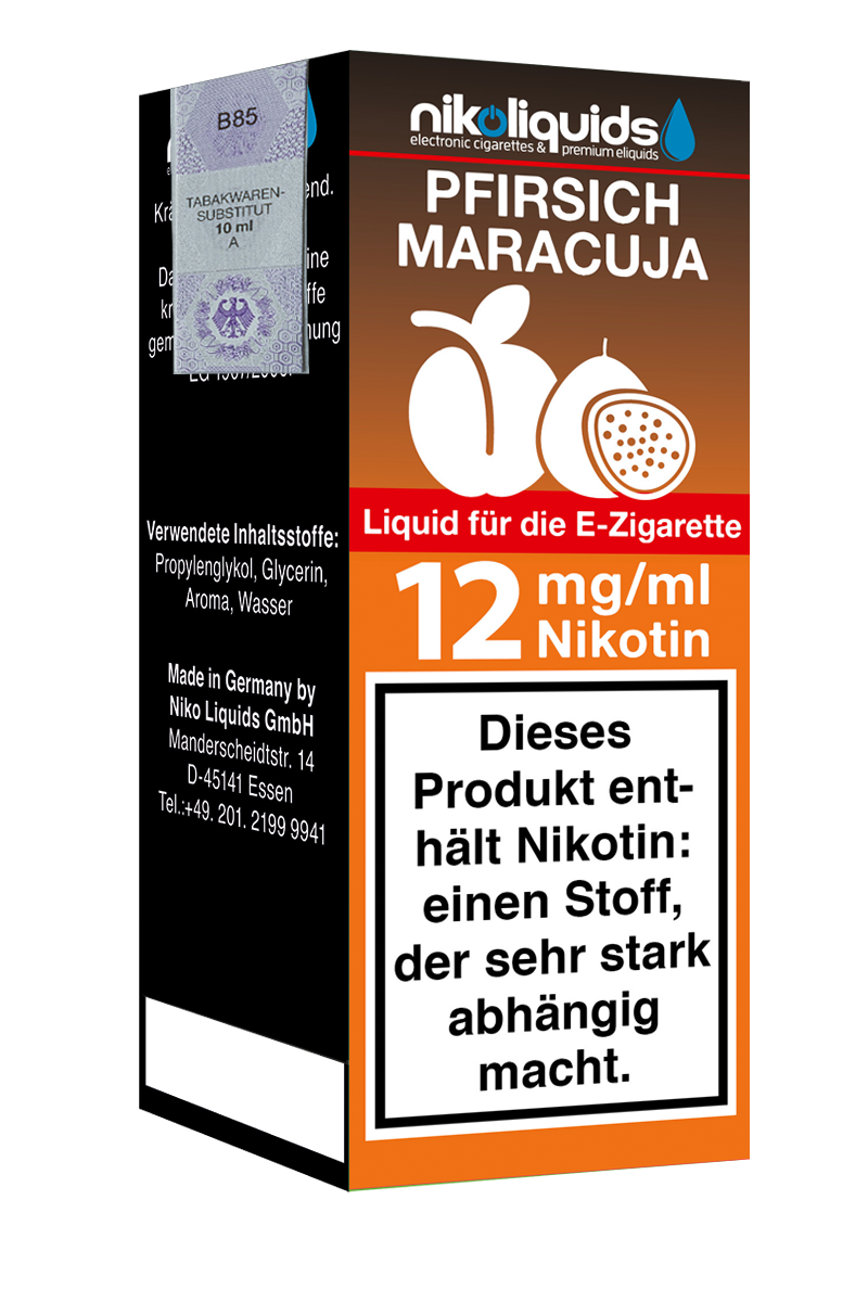 Niko Liquids E-Liquid Pfirsich Maracuja 12 mg Nikotin 10 ml (cognac)