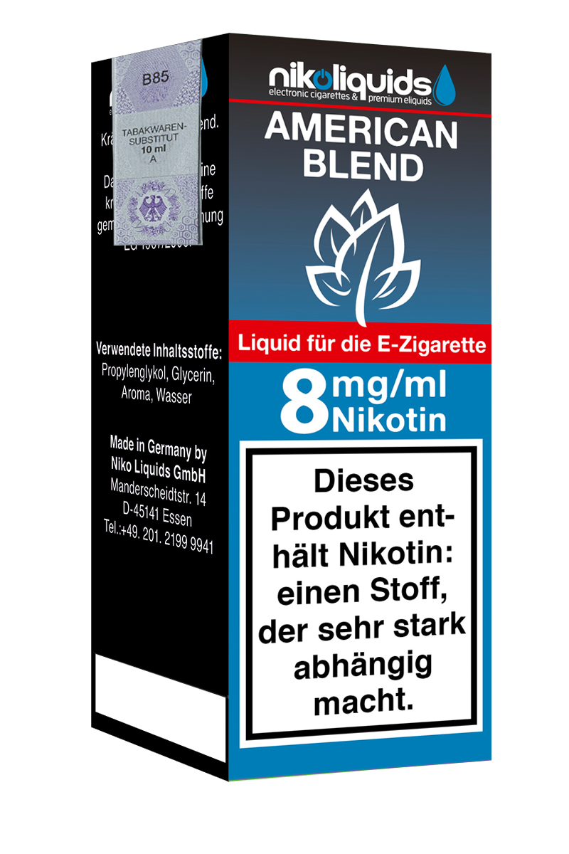 Niko Liquids E-Liquid American Blend 8 mg Nikotin 10 ml (blau)