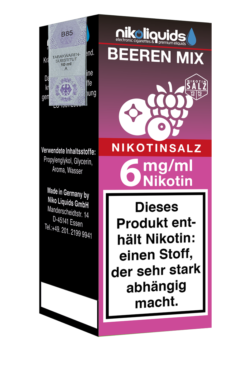 Niko Liquids E-Liquid Nikotinsalz Beeren Mix 6 mg Nikotin 50 PG / 50 VG 10 ml (pink)