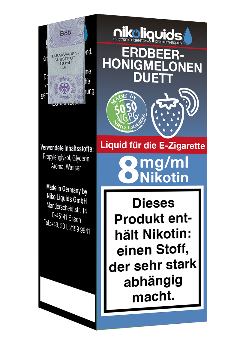 Niko Liquids E-Liquid Erdbeer Honigmelonen Duett 8 mg Nikotin 50 PG / 50 VG 10 ml (blau)