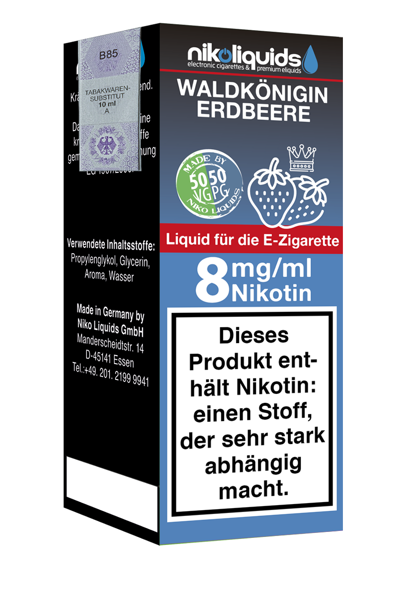 Niko Liquids E-Liquid Waldkönigin Erdbeere 8 mg Nikotin 50 PG / 50 VG 10 ml (blau)