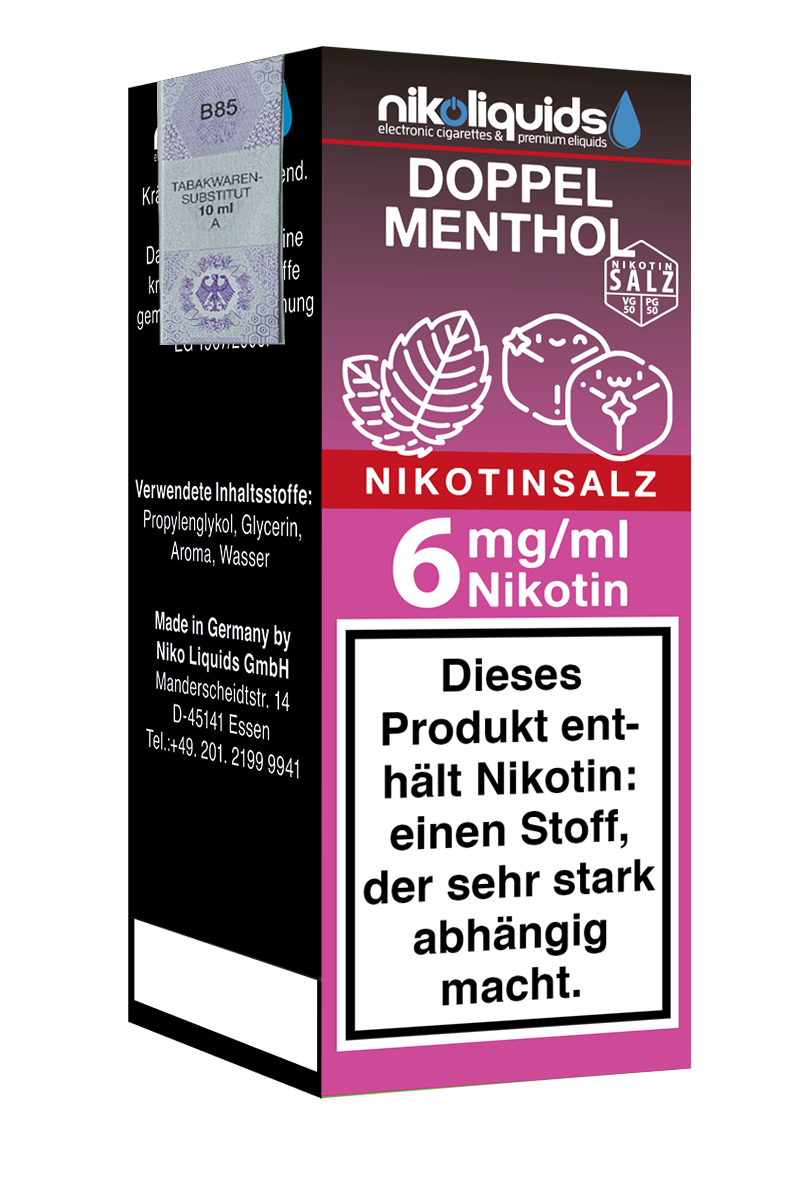 Niko Liquids E-Liquid Nikotinsalz Doppel Menthol 6 mg Nikotin 50 PG / 50 VG 10 ml (pink)
